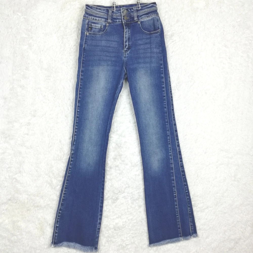Kancan Womens Jeans‎ Boot Cut Side Panel Blue Denim Double Button Fray High 5